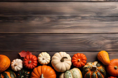 Various pumpkins on a wooden background, top view. Image generated by AI.の素材