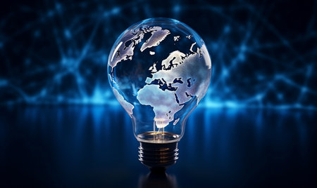 A light bulb with a blue world map. concept of green renewable sources. Image generated by AIの素材