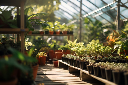 Plant sprouts grow in a greenhouse. Image generated by AI.の素材