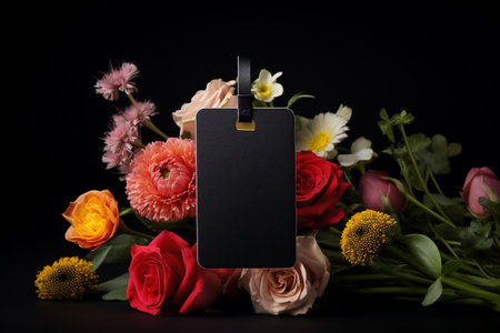 Price tag with a bouquet of flowers on a black background, place for text. Image generated by AIの素材