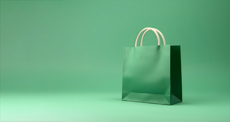Green shopping bag on green background, copy space. Banner. Image generated by AI.の素材