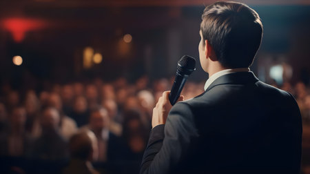 Depersonalized man performs on stage. Image generated by AI.の素材