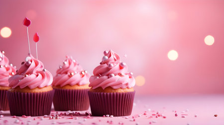 Pink cupcakes on a pink background. Images are generated by AI.の素材