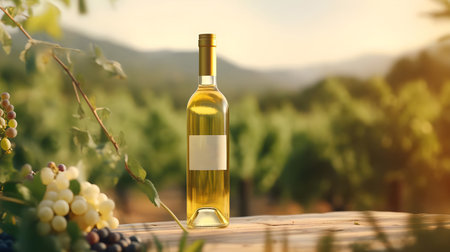 A bottle of white wine on a background of vineyards. Image generated by AI.の素材