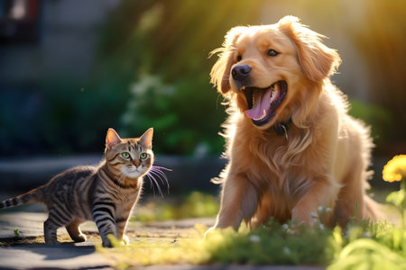 Happy dog ââand cat playing together. Images are generated by AI.の素材