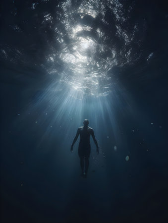 A man emerges from the depths of the sea. Depression treatment concept. Image generated by AI.の素材
