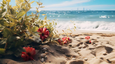 Beautiful flowers on the beach. Image generated by AI.