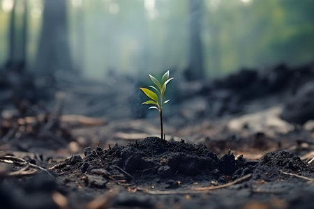 Sprout grows in a destroyed forest. Nature restoration concept. Image generated by AI.の素材