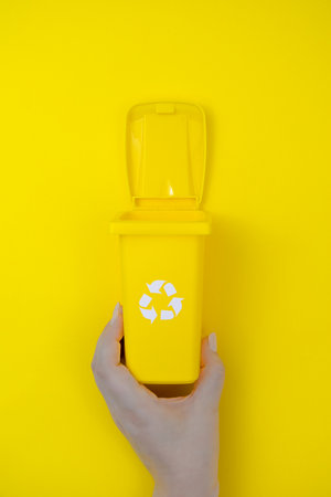 A hand holds a yellow container with a recyclable lid, ready for responsible waste disposal.の写真素材