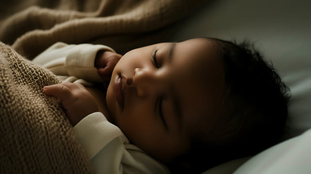 A newborn baby sleeps peacefully on top of a bed next to a soft blanket.の素材