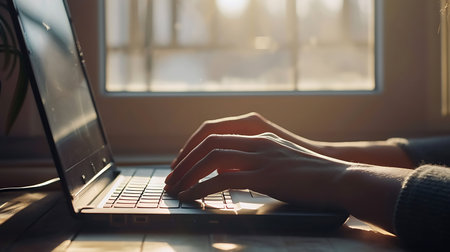 A side view photo of hands typing on a laptop in front of a window.の素材