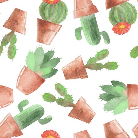 seamless pattern, watercolor pattern, cactus on a white backgroundの写真素材
