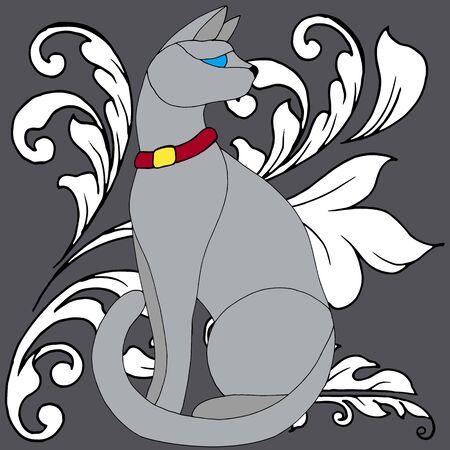 cat drawing on a classic background with curlsのイラスト素材