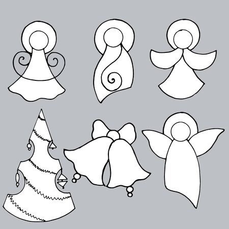 a set of Christmas decorations, angels in black and whiteのイラスト素材