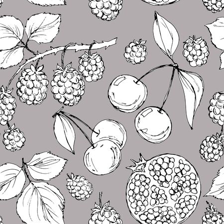 Seamless pattern in monochrome colors with raspberry, cherry and pomegranate berriesのイラスト素材