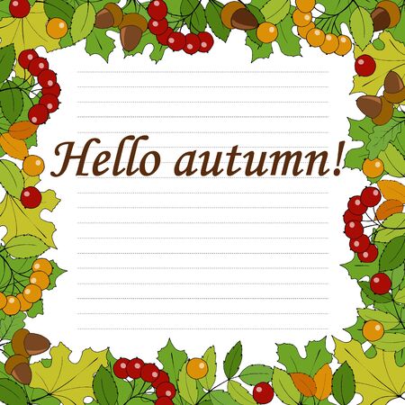 background for text with frame of autumn leaves, berries and acornsのイラスト素材