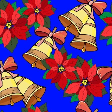 seamless pattern for the new year with bells and christmas flowers, ornament for wallpaper and fabric, wrapping paperのイラスト素材