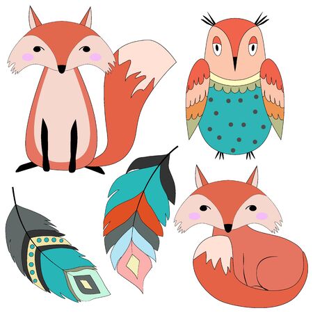 stylized owl, fox and ethnic feathers, vector illustration, isolate on a white backgroundのイラスト素材