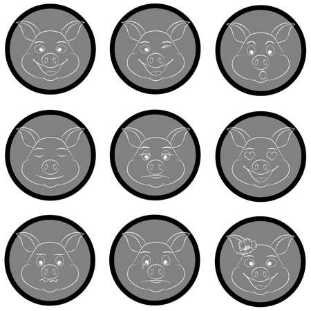 vector illustration, set of icons, stickers with the image of pigs in monochrome colors, isolate on a white backgroundのイラスト素材