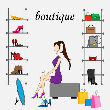 woman in a boutique, a set of goods, women's accessories, bags and shoesのイラスト素材
