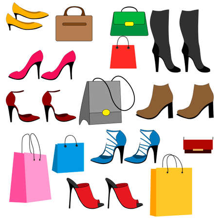 set of drawings, women's accessories, handbags and shoes, vector illustration, isolate on a white backgroundのイラスト素材