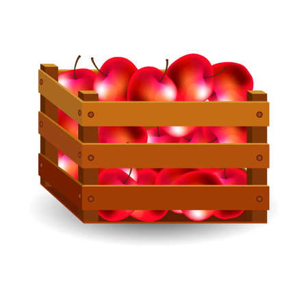 vector illustration, wooden box with ripe apples isolated on a white backgroundのイラスト素材