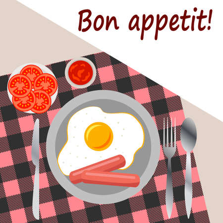 vector illustration, table serving, breakfast ready, tomatoes, omelet, sausagesのイラスト素材