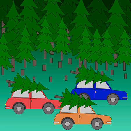 car with a Christmas tree, cut trees, vector illustration, background for different designのイラスト素材