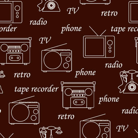 seamless pattern with elements of retro TV, radio, tape recorder, phone, ornament for wallpaper and fabric, wrapping paperのイラスト素材