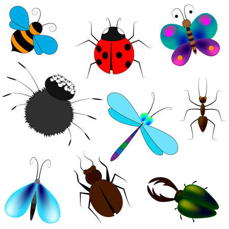 set of butterflies and bees in a cartoon style, vector illustration, isolate on a white backgroundのイラスト素材