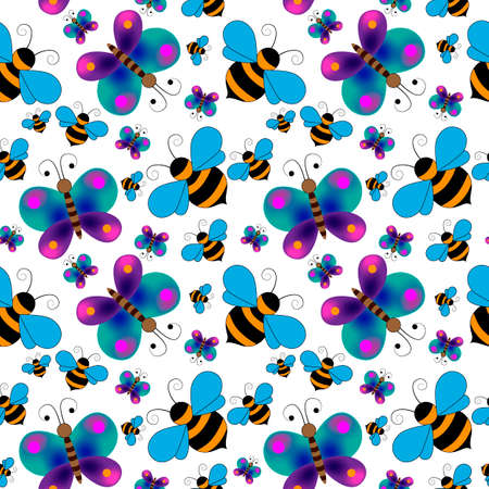 seamless pattern with butterflies and bees, ornament for wallpaper and fabric, wrapping paper, background for different designsのイラスト素材