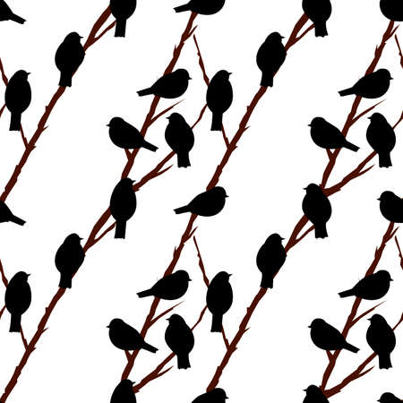 Seamless pattern with silhouettes of birds on the branches, ornament for wallpaper and fabric, wrapping paper, background for different designsのイラスト素材