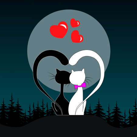 Valentine's day greetings card, a couple of cats and a moon, background for different designのイラスト素材