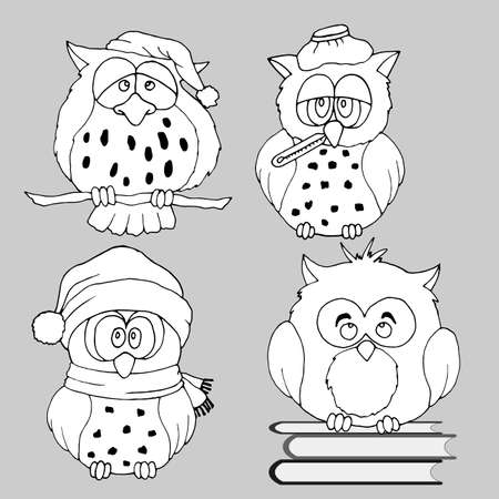 set of black and white owls, vector illustration, isolate on gray backgroundのイラスト素材