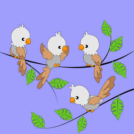 background with birds on the branch, children's drawing, cartoon style, for different designsのイラスト素材