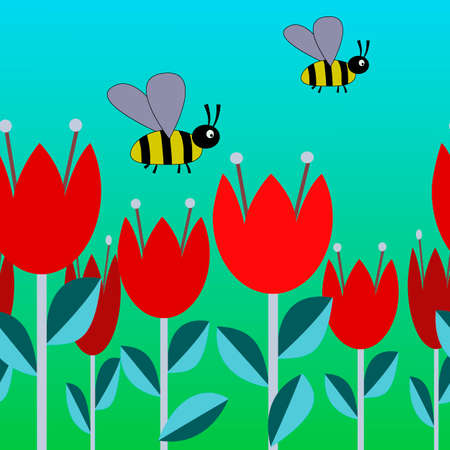 children's wallpaper, seamless pattern with tulips and bees, for different designsのイラスト素材