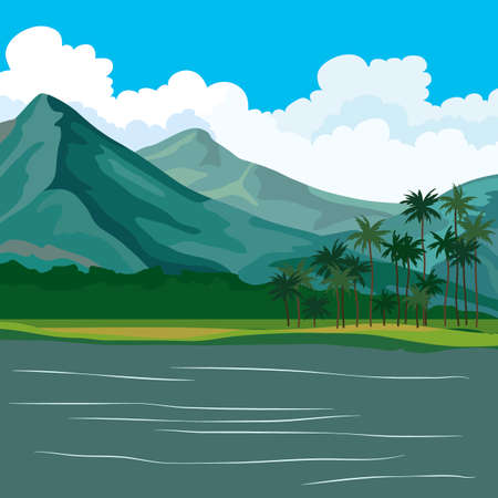 background, landscape view with mountains and palm trees, for different designsのイラスト素材