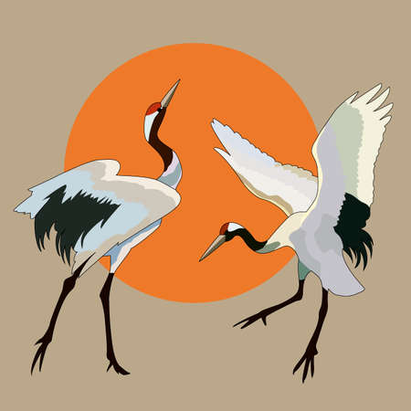 drawing, background with storks and the sun, vector illustrationのイラスト素材
