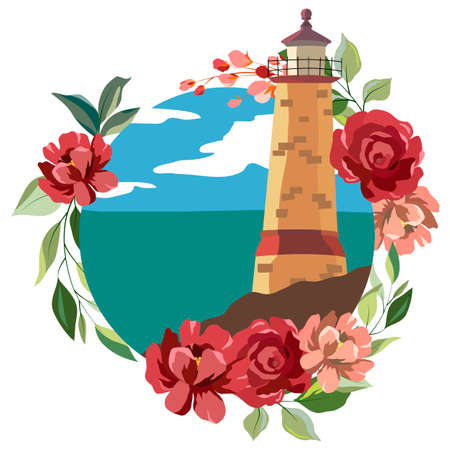sea lighthouse on the background of the sea in flowers, vector illustration, for different designのイラスト素材