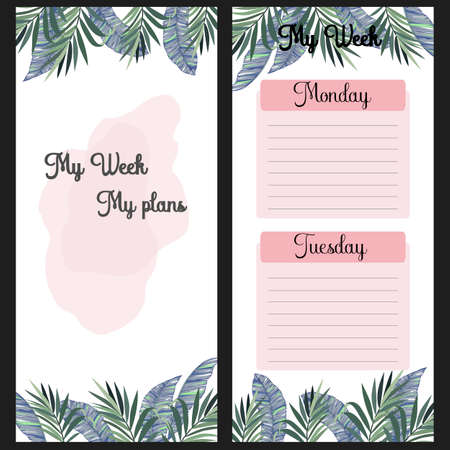 Planning pages, leaf pattern, days of the week, for different designのイラスト素材