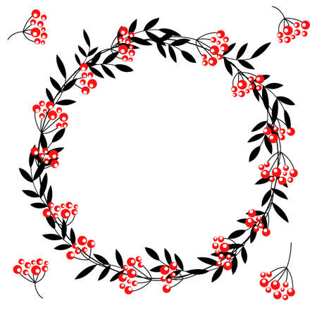 vector illustration, for different design, wreath, pattern with leaves and berries of rowanのイラスト素材