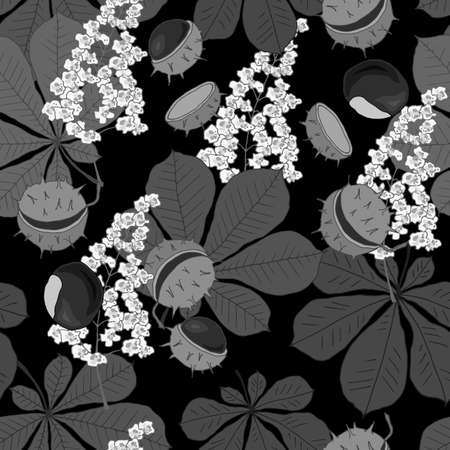 seamless pattern with flowers leaves and fruits of chestnut in monochrome colors, ornament for fabric and wallpaper, scrapbooking paperのイラスト素材
