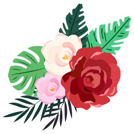 composition with tropical leaves and flowers, vector illustration, isolate on a white backgroundのイラスト素材