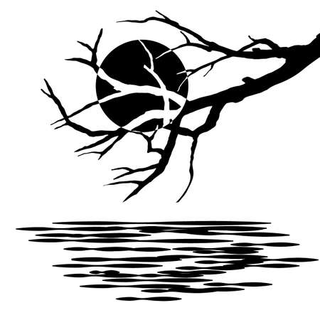 black and white stylized picture with the sun, branches and waves, background for different designのイラスト素材