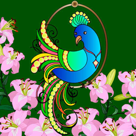 greetings card, peacock in bright colors, background with lilies, for different designのイラスト素材