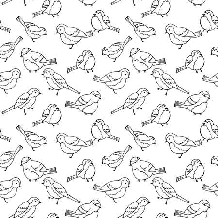seamless pattern with birds' drawings, linear image, monochrome colorsのイラスト素材