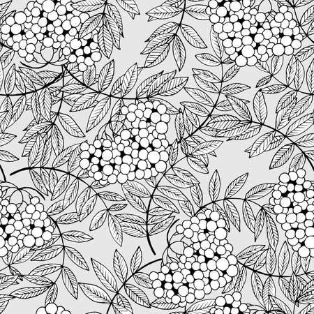Seamless pattern in black and white with berries and rowan leaves, ornament for wallpaper and fabric, background for scrapbookingのイラスト素材