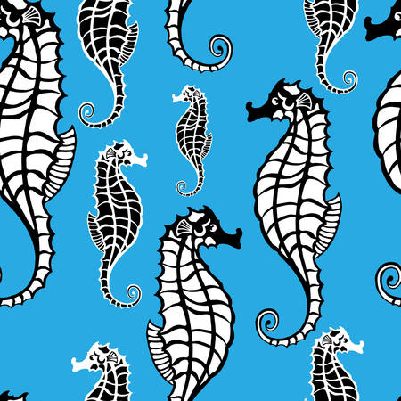 seamless pattern with a blue background, the image of black and white seahorseのイラスト素材