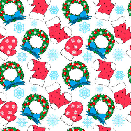 seamless pattern for New Year and Christmas, in bright traditional colors, with a Christmas wreath, gloves and bootsのイラスト素材