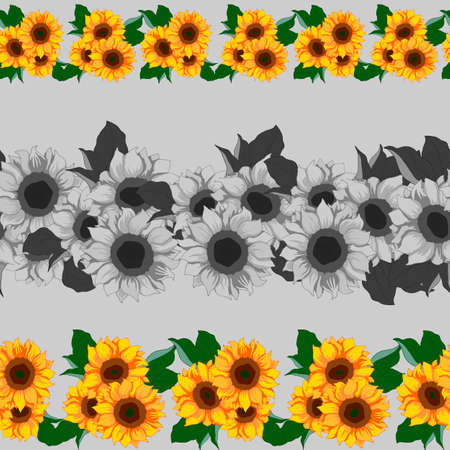 seamless border, sunflower and leaves in bright and monochrome colors, ornament for wallpaperのイラスト素材